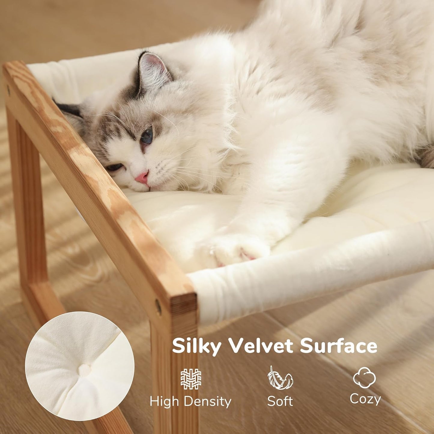 Cat Bed Hammock, Cozy Velvet Cat Couch for Indoor Cats, Raised Wooden Cats Perch, 21 Inch Pet Sofa, Outdoor Dog Beds, Suitable for Puppy, Bunny and Small Animal, White