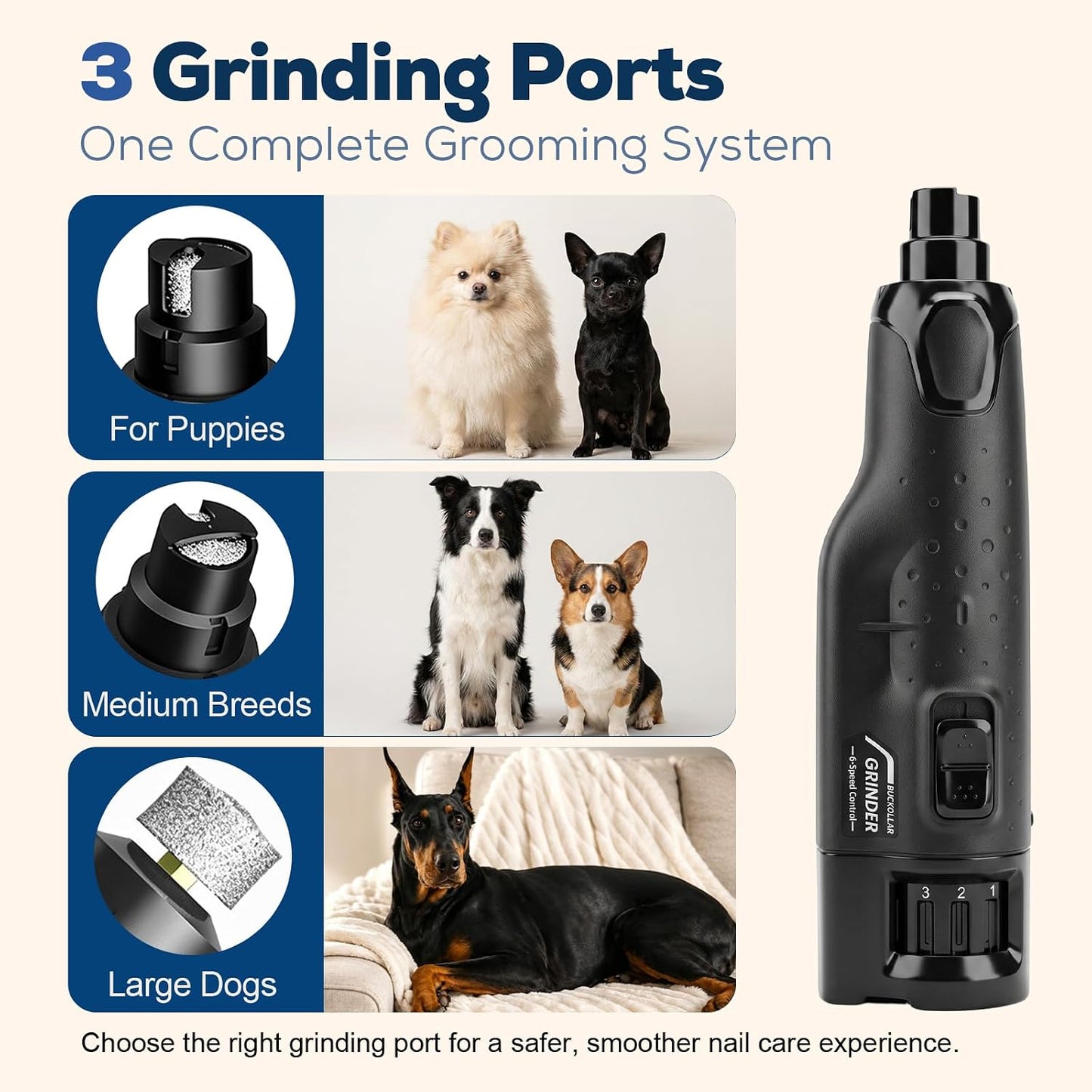 6-Speed Quiet Dog Nail Grinder with LED Light, Low-Vibration Electric Pet Nail Trimmer for Dogs and Cats, Safe Grooming Kit for Beginners, Complete Set with Storage Case