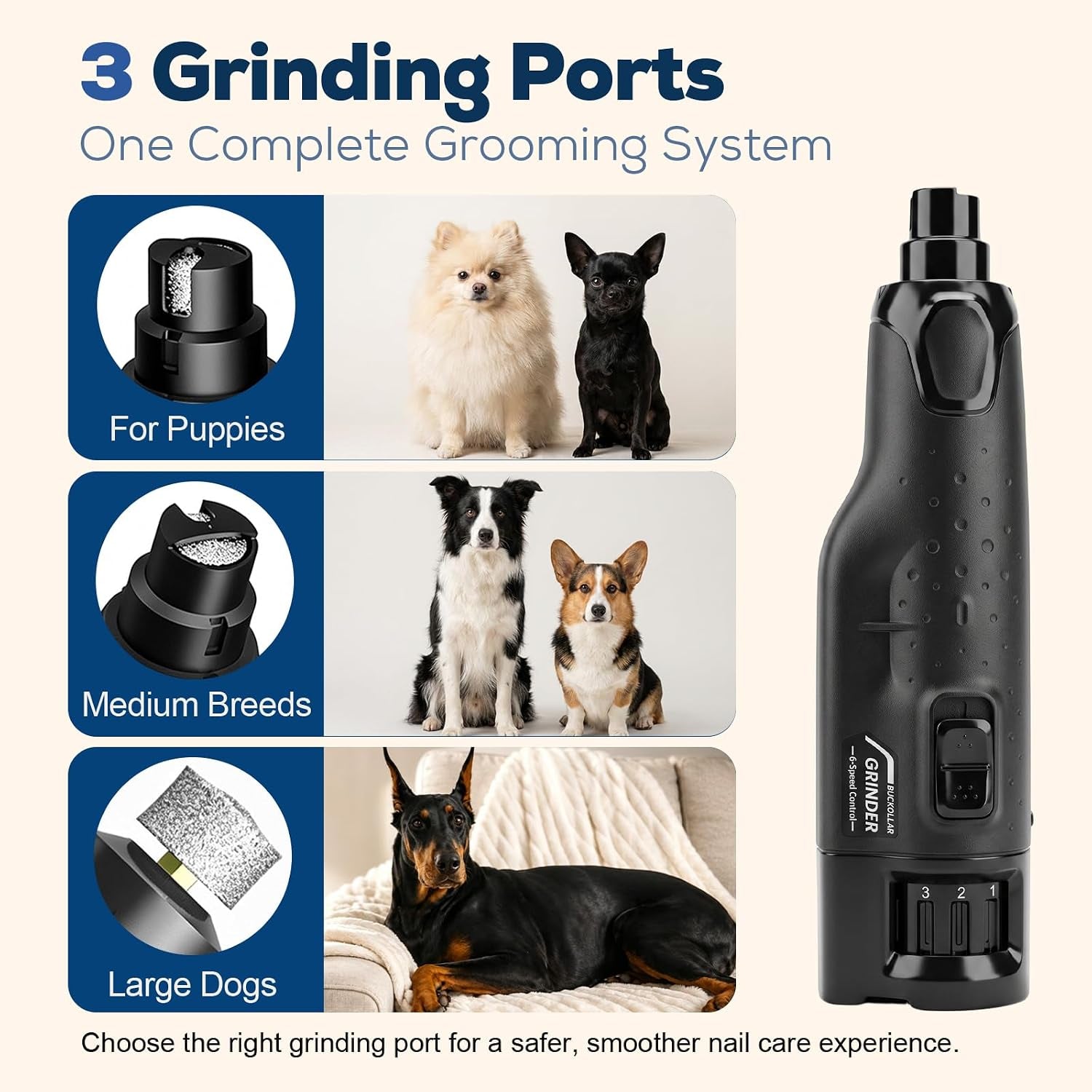 6-Speed Quiet Dog Nail Grinder with LED Light, Low-Vibration Electric Pet Nail Trimmer for Dogs and Cats, Safe Grooming Kit for Beginners, Complete Set with Storage Case